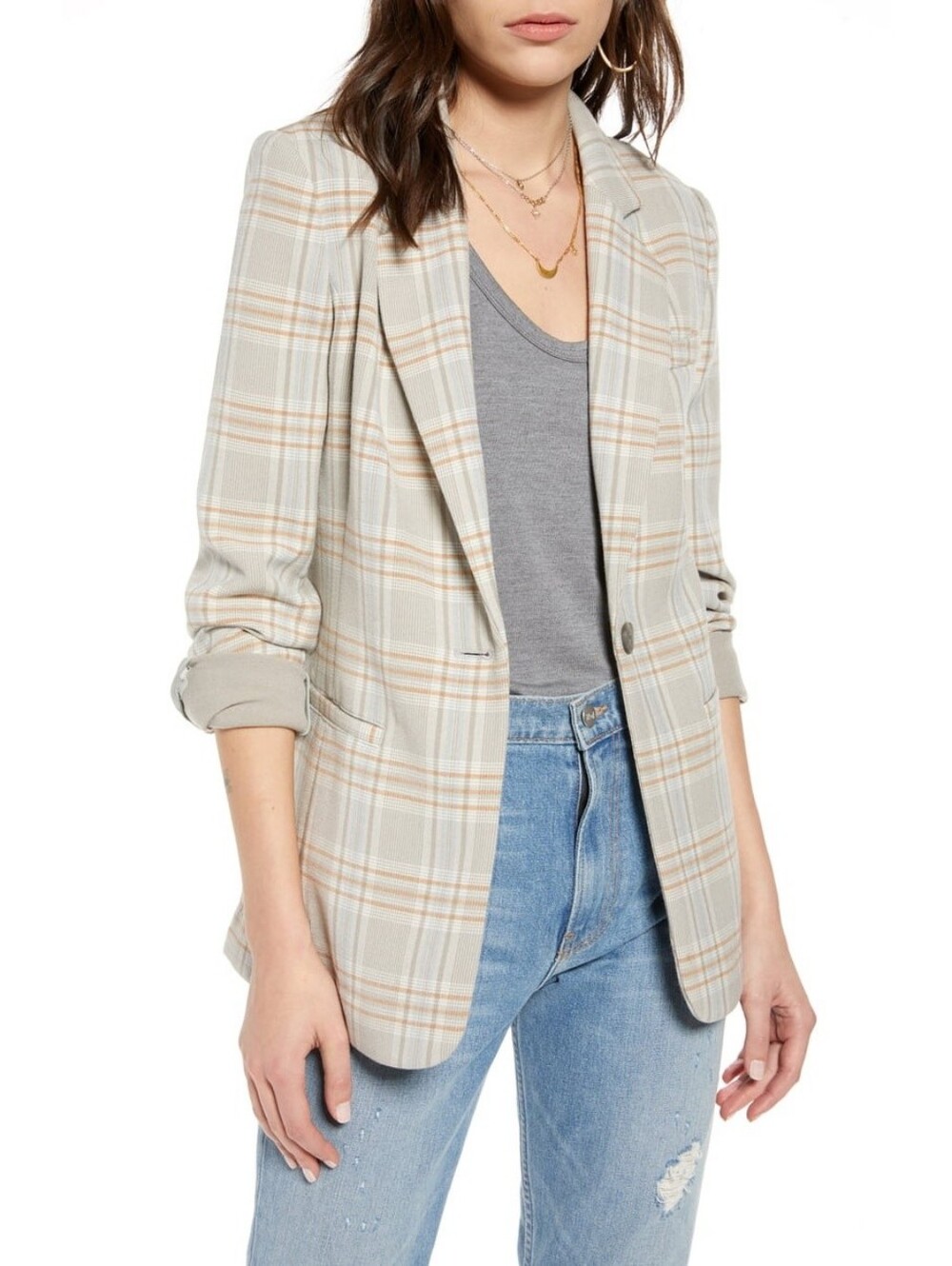 Treasure & Bond plaid blazer jacket gray rust menswear style women's size XL